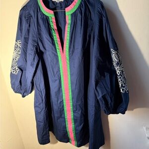 Navy Tunic with Pink & Green Placket and White Sleeve Embroidery